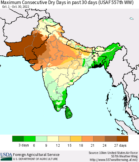 Southern Asia Maximum Consecutive Dry Days in past 30 days (USAF 557th WW) 10/30/2022 Thematic Map For 10/24/2022 - 10/30/2022