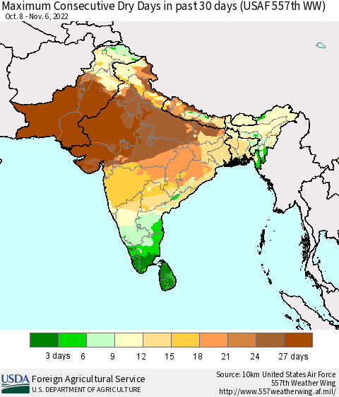 Southern Asia Maximum Consecutive Dry Days in past 30 days (USAF 557th WW) 11/06/2022 Thematic Map For 10/31/2022 - 11/6/2022