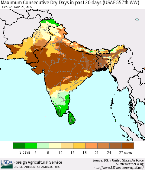 Southern Asia Maximum Consecutive Dry Days in past 30 days (USAF 557th WW) 11/20/2022 Thematic Map For 11/14/2022 - 11/20/2022
