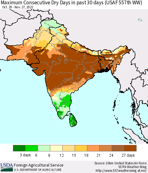 Southern Asia Maximum Consecutive Dry Days in past 30 days (USAF 557th WW) 11/27/2022 Thematic Map For 11/21/2022 - 11/27/2022