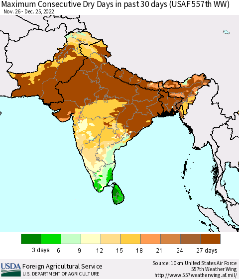 Southern Asia Maximum Consecutive Dry Days in past 30 days (USAF 557th WW) 12/25/2022 Thematic Map For 12/19/2022 - 12/25/2022
