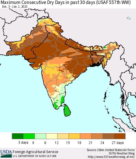 Southern Asia Maximum Consecutive Dry Days in past 30 days (USAF 557th WW) 01/01/2023 Thematic Map For 12/26/2022 - 1/1/2023