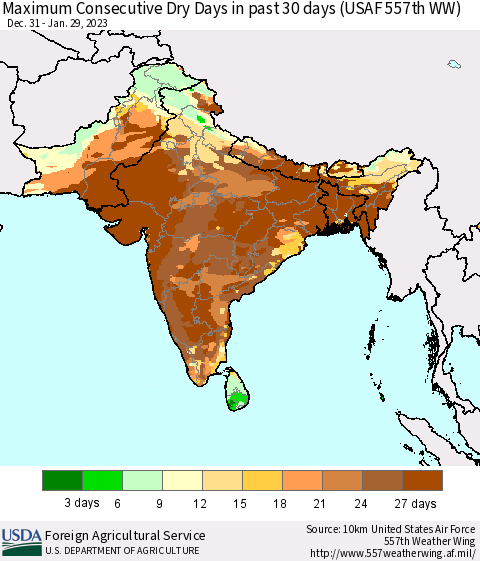 Southern Asia Maximum Consecutive Dry Days in past 30 days (USAF 557th WW) 01/29/2023 Thematic Map For 1/23/2023 - 1/29/2023