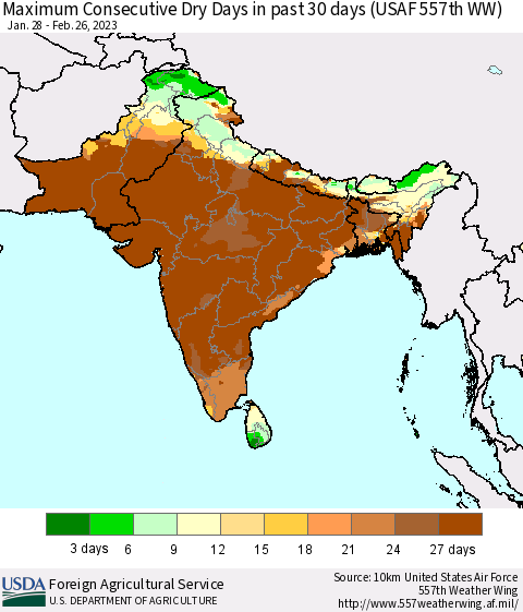 Southern Asia Maximum Consecutive Dry Days in past 30 days (USAF 557th WW) 02/26/2023 Thematic Map For 2/20/2023 - 2/26/2023