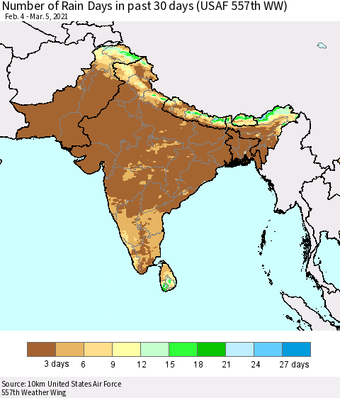 Southern Asia Number of Rain Days in past 30 days (USAF 557th WW) 03/05/2021 Thematic Map For 3/1/2021 - 3/5/2021
