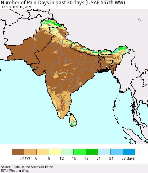 Southern Asia Number of Rain Days in past 30 days (USAF 557th WW) 03/10/2021 Thematic Map For 3/6/2021 - 3/10/2021