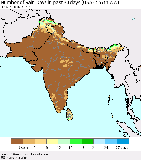 Southern Asia Number of Rain Days in past 30 days (USAF 557th WW) 03/15/2021 Thematic Map For 3/11/2021 - 3/15/2021
