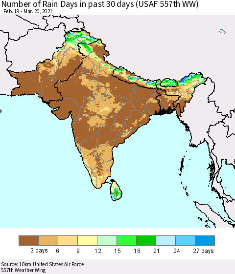 Southern Asia Number of Rain Days in past 30 days (USAF 557th WW) 03/20/2021 Thematic Map For 3/16/2021 - 3/20/2021