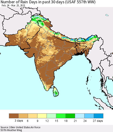 Southern Asia Number of Rain Days in past 30 days (USAF 557th WW) 03/25/2021 Thematic Map For 3/21/2021 - 3/25/2021