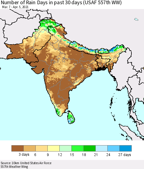 Southern Asia Number of Rain Days in past 30 days (USAF 557th WW) 04/05/2021 Thematic Map For 4/1/2021 - 4/5/2021
