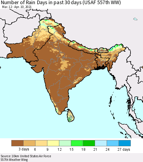 Southern Asia Number of Rain Days in past 30 days (USAF 557th WW) 04/10/2021 Thematic Map For 4/6/2021 - 4/10/2021