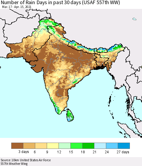 Southern Asia Number of Rain Days in past 30 days (USAF 557th WW) 04/15/2021 Thematic Map For 4/11/2021 - 4/15/2021
