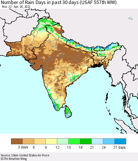 Southern Asia Number of Rain Days in past 30 days (USAF 557th WW) 04/20/2021 Thematic Map For 4/16/2021 - 4/20/2021