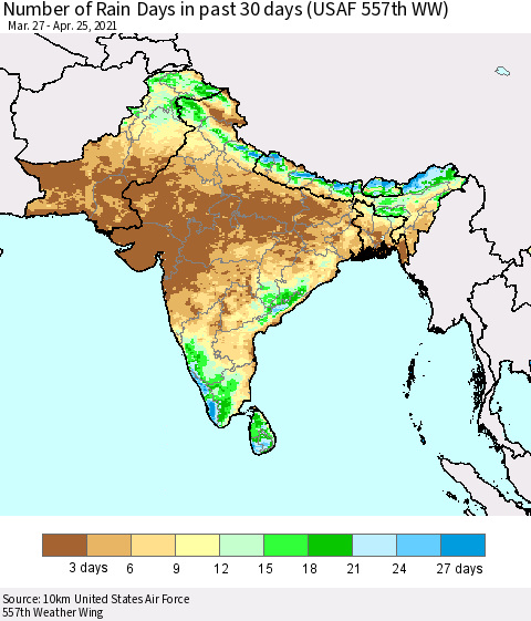 Southern Asia Number of Rain Days in past 30 days (USAF 557th WW) 04/25/2021 Thematic Map For 4/21/2021 - 4/25/2021