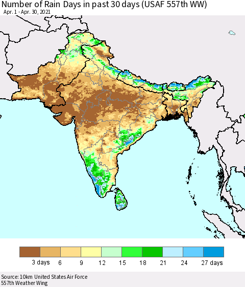 Southern Asia Number of Rain Days in past 30 days (USAF 557th WW) 04/30/2021 Thematic Map For 4/26/2021 - 4/30/2021