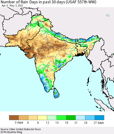 Southern Asia Number of Rain Days in past 30 days (USAF 557th WW) 05/05/2021 Thematic Map For 5/1/2021 - 5/5/2021