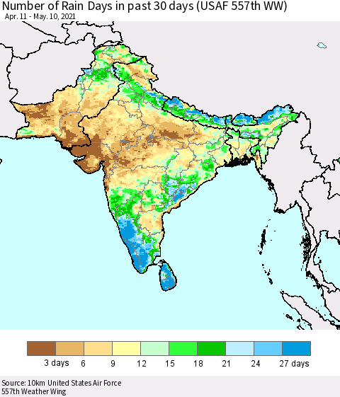 Southern Asia Number of Rain Days in past 30 days (USAF 557th WW) 05/10/2021 Thematic Map For 5/6/2021 - 5/10/2021