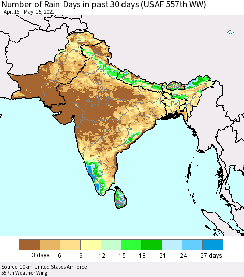 Southern Asia Number of Rain Days in past 30 days (USAF 557th WW) 05/15/2021 Thematic Map For 5/11/2021 - 5/15/2021