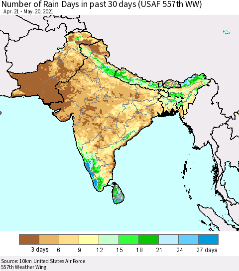 Southern Asia Number of Rain Days in past 30 days (USAF 557th WW) 05/20/2021 Thematic Map For 5/16/2021 - 5/20/2021