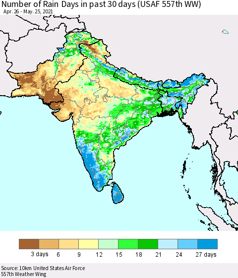 Southern Asia Number of Rain Days in past 30 days (USAF 557th WW) 05/25/2021 Thematic Map For 5/21/2021 - 5/25/2021