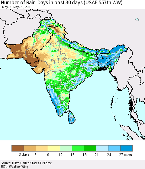 Southern Asia Number of Rain Days in past 30 days (USAF 557th WW) 05/31/2021 Thematic Map For 5/26/2021 - 5/31/2021