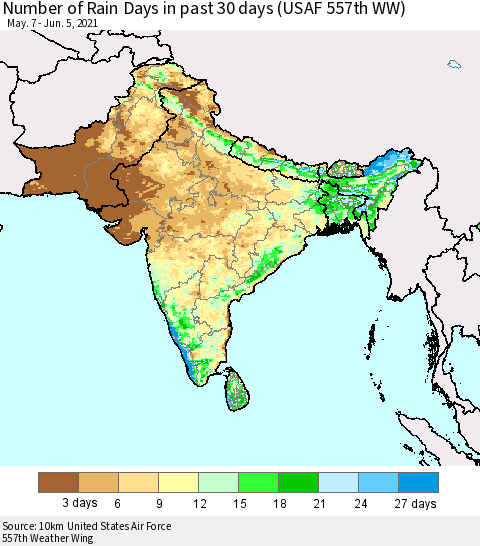 Southern Asia Number of Rain Days in past 30 days (USAF 557th WW) 06/05/2021 Thematic Map For 6/1/2021 - 6/5/2021