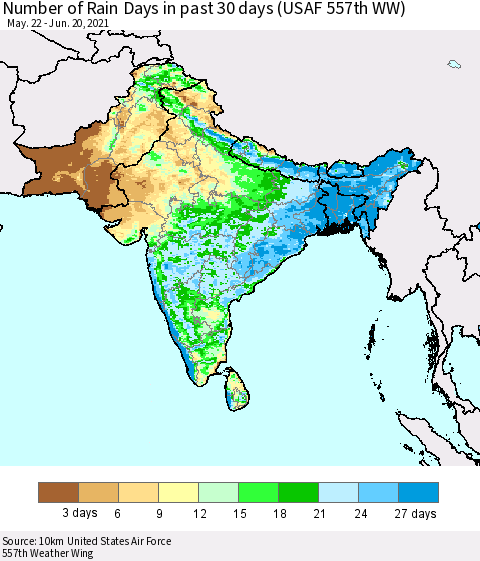 Southern Asia Number of Rain Days in past 30 days (USAF 557th WW) 06/20/2021 Thematic Map For 6/16/2021 - 6/20/2021