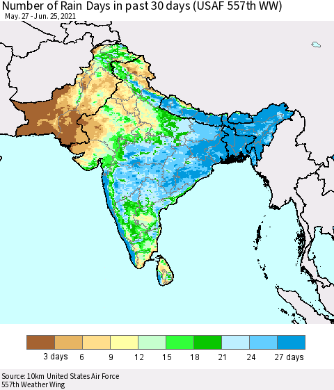 Southern Asia Number of Rain Days in past 30 days (USAF 557th WW) 06/25/2021 Thematic Map For 6/21/2021 - 6/25/2021