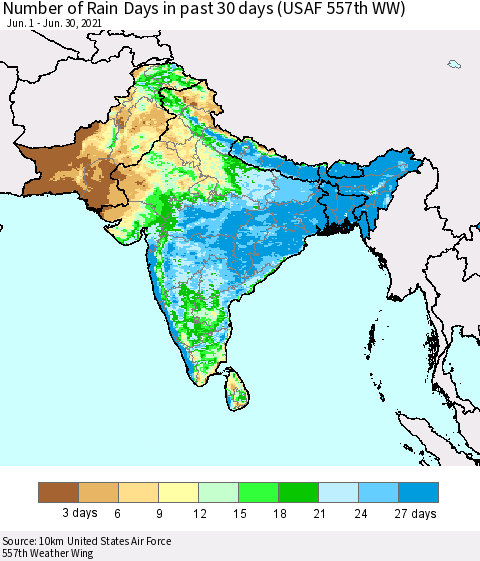 Southern Asia Number of Rain Days in past 30 days (USAF 557th WW) 06/30/2021 Thematic Map For 6/26/2021 - 6/30/2021