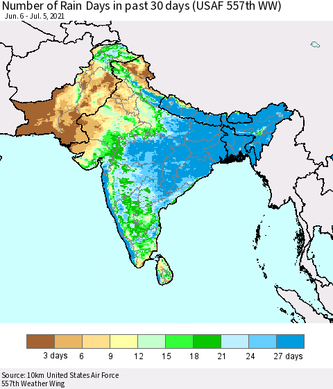 Southern Asia Number of Rain Days in past 30 days (USAF 557th WW) 07/05/2021 Thematic Map For 7/1/2021 - 7/5/2021