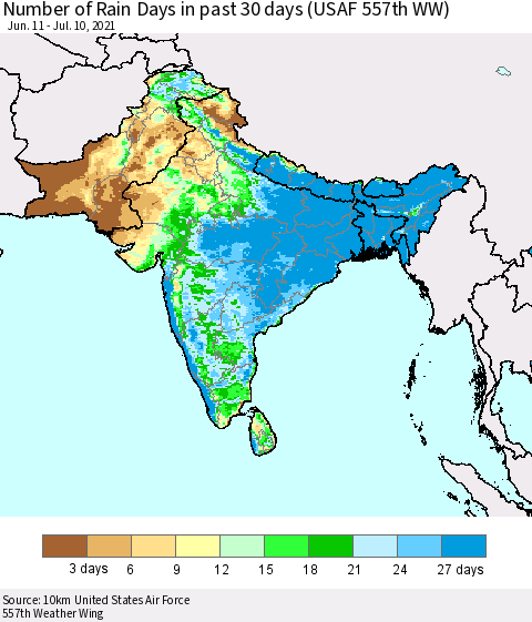 Southern Asia Number of Rain Days in past 30 days (USAF 557th WW) 07/10/2021 Thematic Map For 7/6/2021 - 7/10/2021