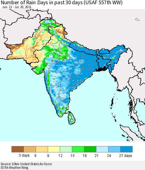 Southern Asia Number of Rain Days in past 30 days (USAF 557th WW) 07/20/2021 Thematic Map For 7/16/2021 - 7/20/2021