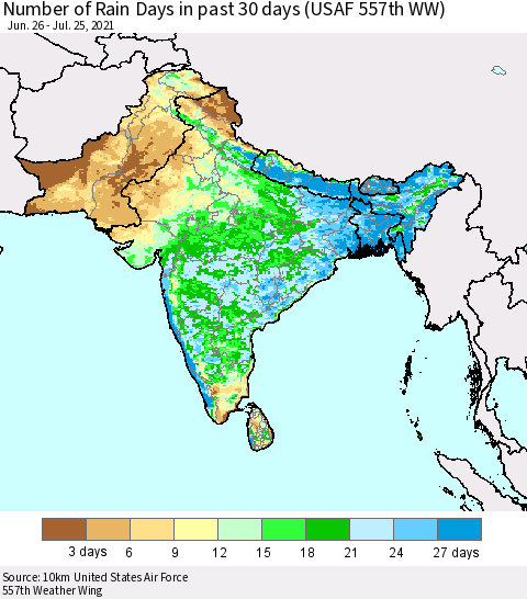 Southern Asia Number of Rain Days in past 30 days (USAF 557th WW) 07/25/2021 Thematic Map For 7/21/2021 - 7/25/2021