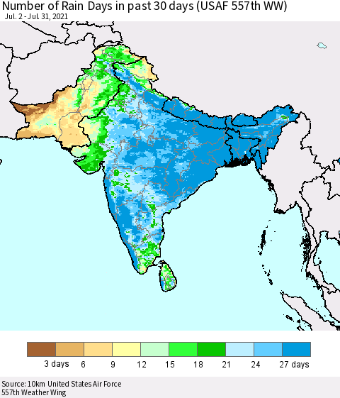 Southern Asia Number of Rain Days in past 30 days (USAF 557th WW) 07/31/2021 Thematic Map For 7/26/2021 - 7/31/2021
