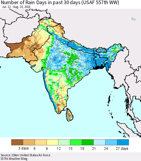 Southern Asia Number of Rain Days in past 30 days (USAF 557th WW) 08/10/2021 Thematic Map For 8/6/2021 - 8/10/2021