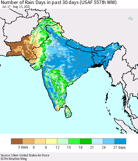 Southern Asia Number of Rain Days in past 30 days (USAF 557th WW) 08/15/2021 Thematic Map For 8/11/2021 - 8/15/2021