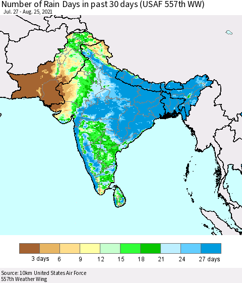 Southern Asia Number of Rain Days in past 30 days (USAF 557th WW) 08/25/2021 Thematic Map For 8/21/2021 - 8/25/2021