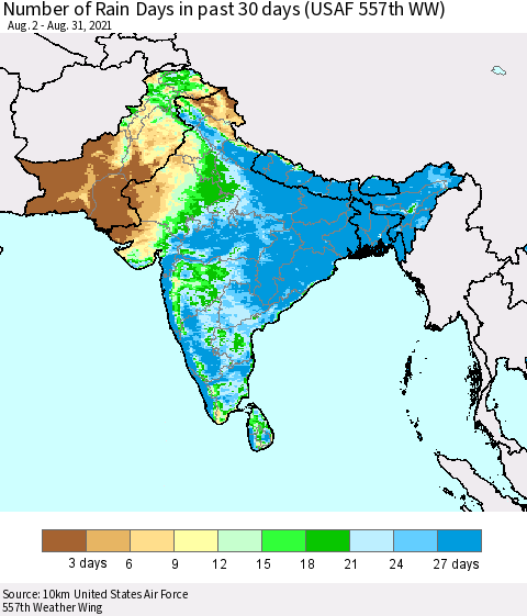 Southern Asia Number of Rain Days in past 30 days (USAF 557th WW) 08/31/2021 Thematic Map For 8/26/2021 - 8/31/2021