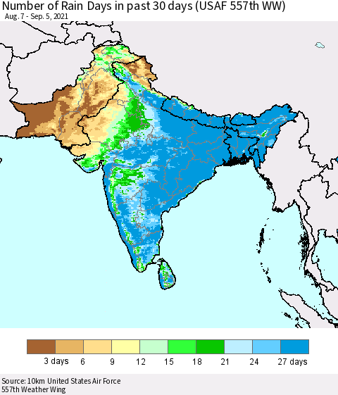 Southern Asia Number of Rain Days in past 30 days (USAF 557th WW) 09/05/2021 Thematic Map For 9/1/2021 - 9/5/2021