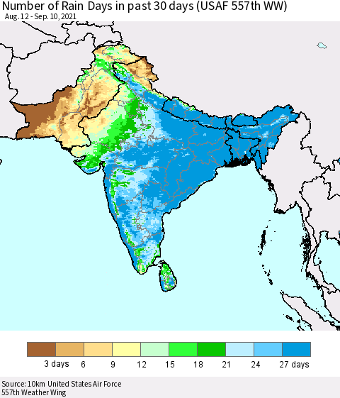 Southern Asia Number of Rain Days in past 30 days (USAF 557th WW) 09/10/2021 Thematic Map For 9/6/2021 - 9/10/2021