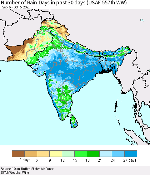 Southern Asia Number of Rain Days in past 30 days (USAF 557th WW) 10/05/2021 Thematic Map For 10/1/2021 - 10/5/2021