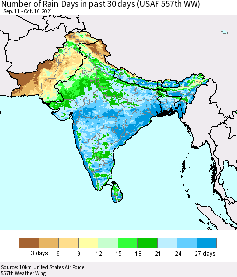 Southern Asia Number of Rain Days in past 30 days (USAF 557th WW) 10/10/2021 Thematic Map For 10/6/2021 - 10/10/2021