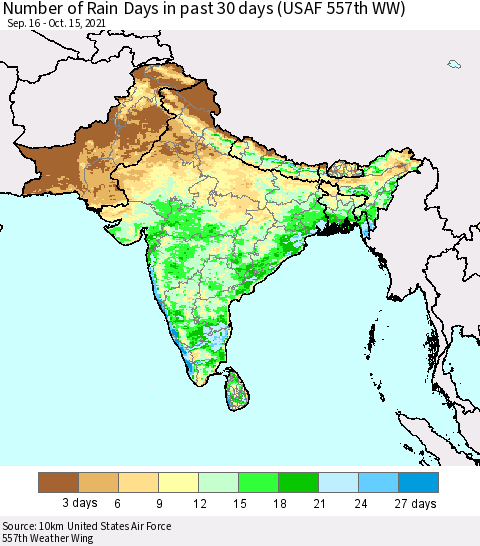 Southern Asia Number of Rain Days in past 30 days (USAF 557th WW) 10/15/2021 Thematic Map For 10/11/2021 - 10/15/2021