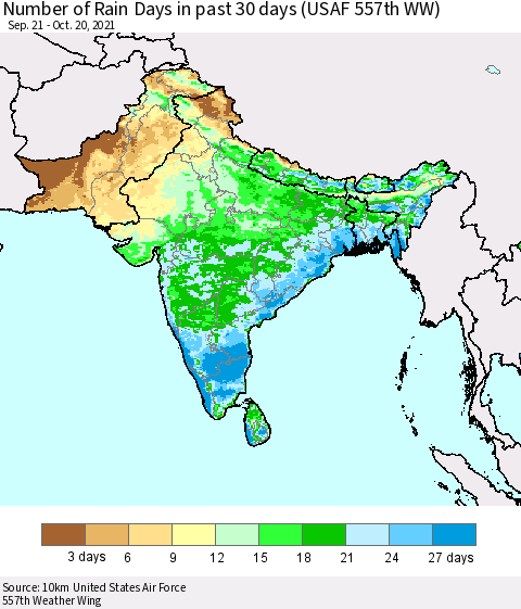 Southern Asia Number of Rain Days in past 30 days (USAF 557th WW) 10/20/2021 Thematic Map For 10/16/2021 - 10/20/2021