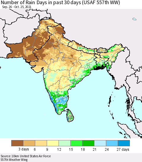 Southern Asia Number of Rain Days in past 30 days (USAF 557th WW) 10/25/2021 Thematic Map For 10/21/2021 - 10/25/2021