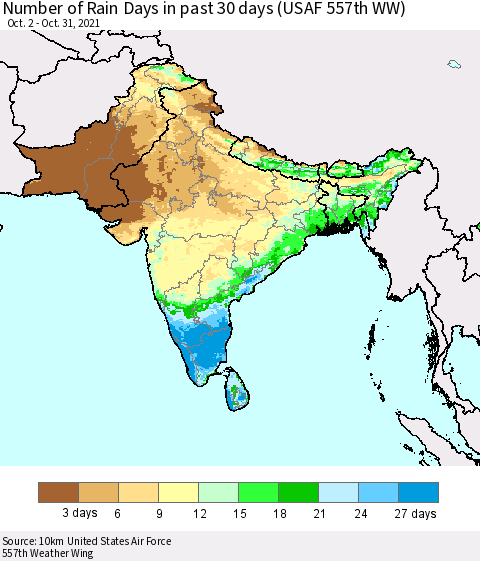 Southern Asia Number of Rain Days in past 30 days (USAF 557th WW) 10/31/2021 Thematic Map For 10/26/2021 - 10/31/2021