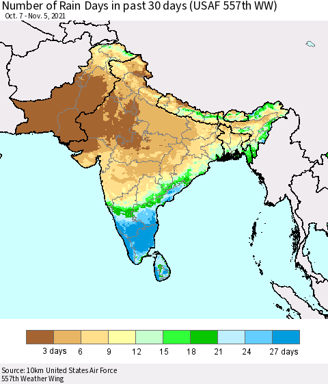 Southern Asia Number of Rain Days in past 30 days (USAF 557th WW) 11/05/2021 Thematic Map For 11/1/2021 - 11/5/2021