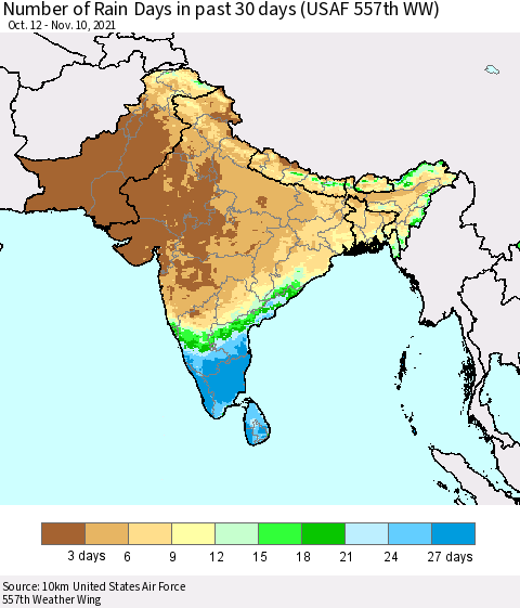 Southern Asia Number of Rain Days in past 30 days (USAF 557th WW) 11/10/2021 Thematic Map For 11/6/2021 - 11/10/2021