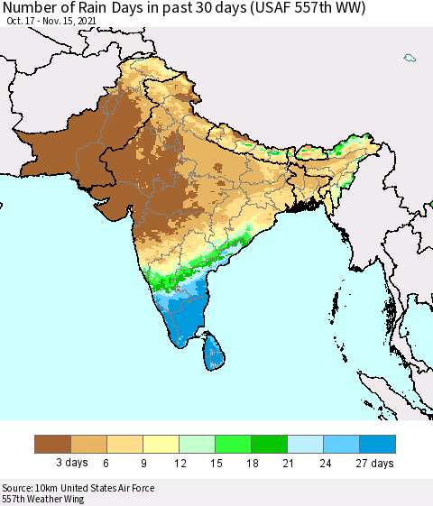 Southern Asia Number of Rain Days in past 30 days (USAF 557th WW) 11/15/2021 Thematic Map For 11/11/2021 - 11/15/2021
