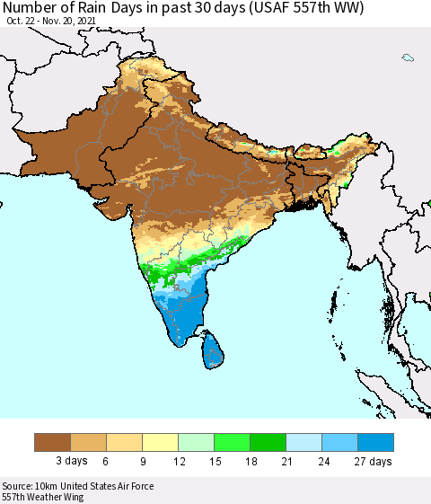 Southern Asia Number of Rain Days in past 30 days (USAF 557th WW) 11/20/2021 Thematic Map For 11/16/2021 - 11/20/2021
